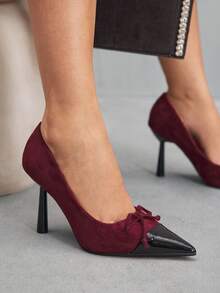 CUCCOO SZL Women's Fashion Burgundy Bow Pointed Toe Stiletto High Heel Pumps, Suitable For Commute, Date, Party, Wedding, Holiday