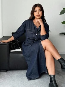 Dazy Plus Plus Size Dark Washed Blue Long Sleeve Cinched Waist Slim Fit Long Denim Dress, Autumn