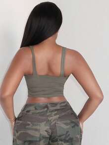 Alexandranx Débardeur côtelé femme avec boucle, style streetwear Y2K pour vacances à la plage, vert olive - Militaire verte - Voir 2
