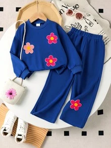 Elladie kids 女童藏蓝色花卉刺绣长袖圆领卫衣套装，秋冬儿童时尚卡通可爱两件套 - 藍色 - 查看 4