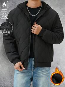 Manfinity Homme 男士黑色冬季基礎休閒外套，純色長袖保暖內裡連帽拉鍊外套，約會街頭風外衣 - 黑色 - 查看 4