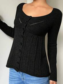 SHEIN EZwear Women's Regular Black Round Neck Front Button Long Sleeve Cardigan, Autumn/Winter,Fall,Cozy Fall And Winter Clothes For Women - Black - View 4