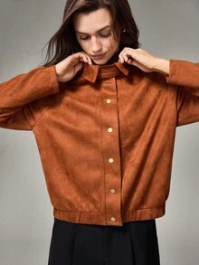 Hanevo Women's Casual Loose Fit Single-Breasted Jacket With Raglan Sleeves, Autumn - Coffee Brown - View 3