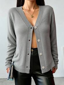 EURMUSE Women's Solid Color Double Breasted Cardigan - Light Grey - View 4