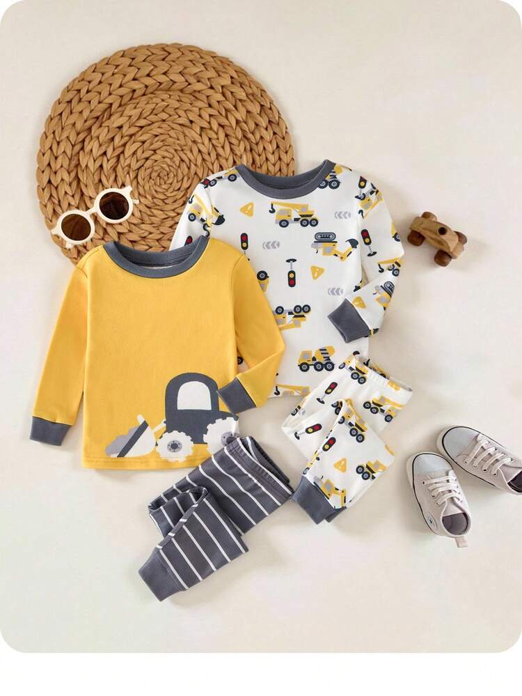 男婴 4 件套卡通汽车与条纹印花撞色圆领长袖睡衣套装，舒适亲肤睡衣 - 黃色 - 查看 2