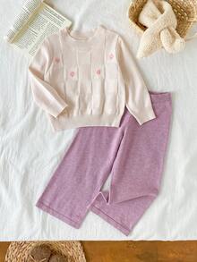 Young Girl Floral Embroidery Sweater And Knit Pants Set - Multicolor - View 1