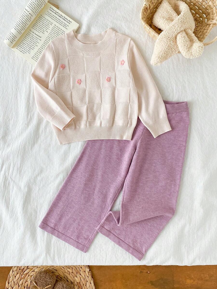 Young Girl Floral Embroidery Sweater And Knit Pants Set - Multicolor - View 1