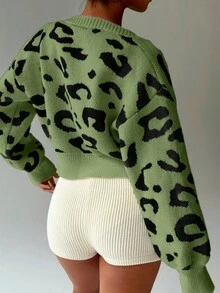 Lunelith SHEIN Lunessa كارديجان نسائي فضفاض مصنوع من الصوف المحبوك بأكمام طويلة وياقة منسدلة بطبعة نمر، مناسب للخريف والشتاء