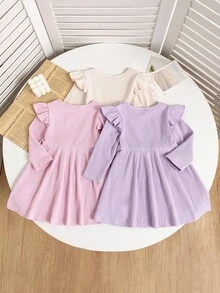 SHEIN Baby Girl Solid Color Round Neck Long Sleeve Ruffle Hem Ribbed Cute Dress - Multicolor - View 4