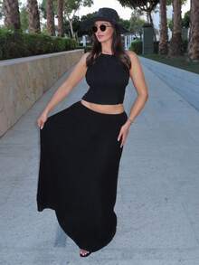 MDEdit 低腰抽绳飘逸长裙海滩罩衫度假春夏优雅性感伊比沙岛适合春夏波西米亚风黑色 - 黑色 - 查看 5