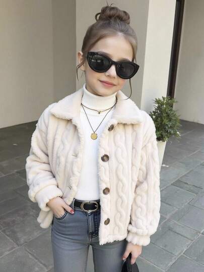 SHEIN Serisse Kids Tween Girl Reversible Solid Beige Color Collared Long Sleeve Jacket, Suitable For Autumn/Winter Casual Daily Wear, Back To School, Winter Girls , Mommy And Me Matching, Chic Autumn Mother Daughter Fall Girl Plush Jacket