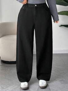 Dazy Plus Plus Size Women Black Solid Washed Slim Straight Leg Long Jeans, Autumn