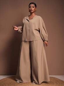 Veslaya 2025 秋冬大码女装两件套 - 大码圆领上衣和阔腿西装裤，适合学校、Y2K 街头服饰、约会、工作、机场、派对、通勤、优雅、朋克、情人节、圣诞节 - 卡其色 - 查看 4