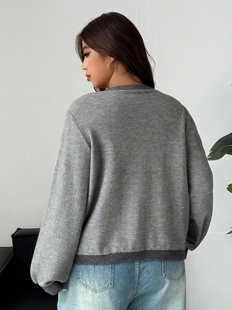 Dazy Plus Color Block Round Neck Faux Pocket Fashion Casual Cardigan Sweater, Plus Size Women, Autumn/Winter