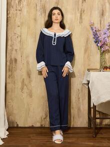 SHEIN Côtesoire Set de pijamale pentru femei cu mânecă lungă, cu guler dublu și volane, în culori contrastante, cu decor cu nasturi, haine de toamnă