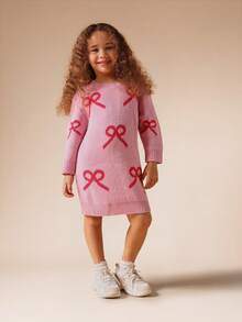 SUMWON 女童针织毛衣裙蝴蝶结图案长袖秋冬休闲节日派对特殊场合中长款可爱日常穿着舒适 - 粉色 - 查看 5