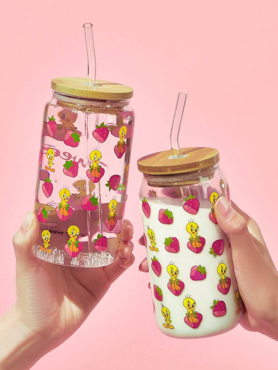 LOONEY TUNES X SHEIN 卡通草莓图案玻璃杯带吸管，免费吸管清洁刷，适用于咖啡、牛奶、果汁等冷热饮品