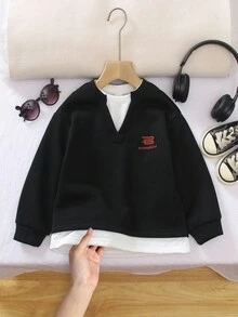 Genkimix Kids Neue Ankunft energiegeladener Jungen Pullover mit Buchstaben-Muster, Rundhalsausschnitt, Langarm, angenehm leichter Stoff mit aussagekräftigem Buchstaben-Muster, geeignet für den täglichen Gebrauch, Schule, Sport, Festivals, Outfit für den Schulanfang - Schwarz - Übersicht 1