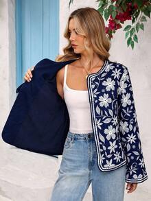 Vivid Eden Manteau d'hiver casual à manches longues et col ouvert avec imprimé floral pour femmes, casual pour femmes, bleu et blanc, manteau bleu, manteau bleu marine, bohème, style boho chic, femmes boho, vêtements western pour femmes, western - Bleu azur - Voir 6