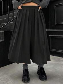 Easura Quần culottes xếp ly cạp cao kiểu vintage mới năm 2025, quần ống rộng dáng suông 3/4 giúp tôn dáng. - màu đen - Xem 4