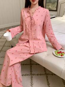 DAZY Conjunto de pijama holgado de mujer con estampado de salpicaduras de agua y cordones, ropa de otoño e invierno - Rosa - Ver 1