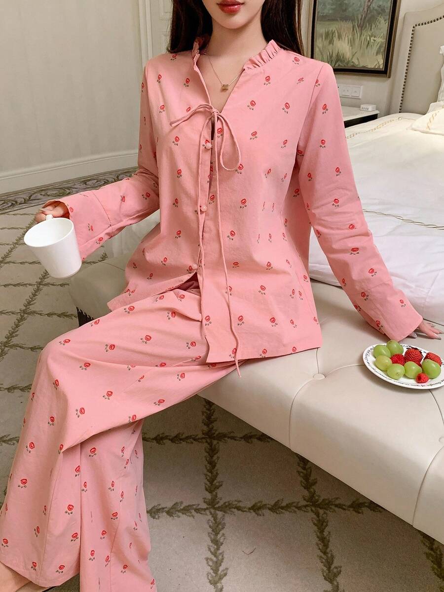 DAZY Conjunto de pijama holgado de mujer con estampado de salpicaduras de agua y cordones, ropa de otoño e invierno - Rosa - Ver 1