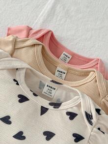 SHEIN 女婴/婴儿短袖爱心刺绣蝴蝶结连体衣裤套装，舒适可爱休闲装 - 彩色 - 查看 4