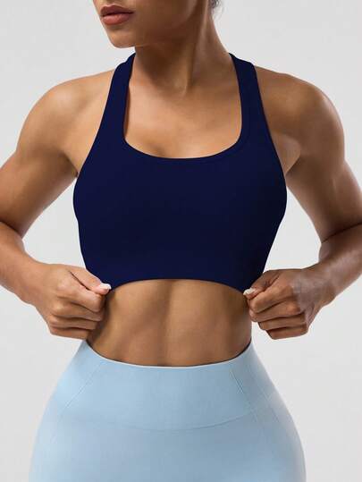 Seamluxe Sport Sleeveless Short Cropped Yoga Racerback Tank Top Royal Blauw Sports BH Workout Tops Built In Seamless Marine view 4