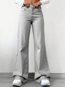 Cottnline Solid Color Straight-Leg Jeans - Light Grey - View 5