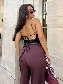 NegzBox Women's Fall Women Clothes Streetwear Women Sexy Cross Strap Metal Buckle Decor Black Flocked Printed Blouse,Going Out Tops Women ,Going Out Outfits,Date Night Outfits Women - Black - View 3