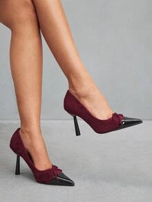 CUCCOO SZL Women's Fashion Burgundy Bow Pointed Toe Stiletto High Heel Pumps, Suitable For Commute, Date, Party, Wedding, Holiday