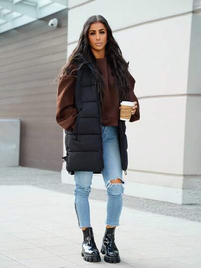 SAYEHFBABY Women's Black Hooded Vest, Mid-Long Design, Stylish SleevelessPadded Insulated Polyfill Synthetic Insulation Winter Coat Winter Jacket Jacket, Autumn/Winter Clothes 2024 New Collection