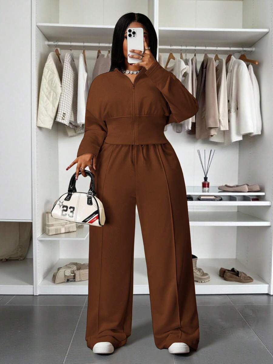Slaydiva 秋冬新品，女士秋冬服装，万圣节，大码女士家居服套装，棕色两件套，高个两件套，保守款两件套，长袖两件套，棕色长袖套装 - 棕色 - 查看 1