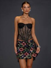 SHEIN BAE 秋冬无袖方领侧开衩修身亮片迷你连衣裙、场合连衣裙、派对连衣裙、夜间外出连衣裙、俱乐部连衣裙、波西米亚风格服装 - 彩色 - 查看 4