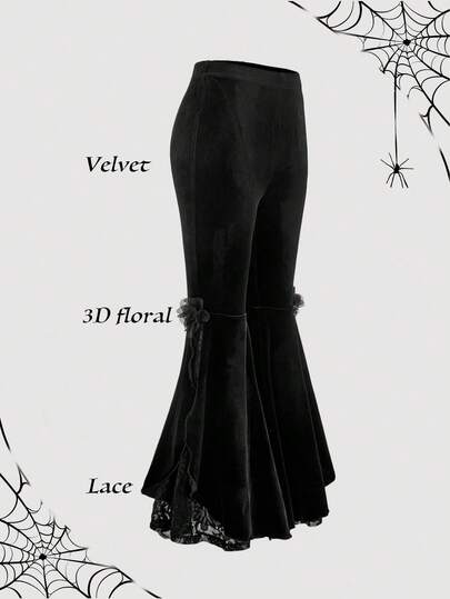 SHEIN MOD Women's Fashion Lace Patchwork Flare Velvet Pants,3D Floral,Fall/Winter,Thanksgiving ,Women's Halloween Costume,Vintage,Elegant, Luxury ,Wedding,Luxury Evening Pant For Weddings,Party,New Year,Black Pant, Flared Pants, Black Flare Pants