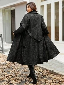 Flirla 大码女式亮面超大翻领系带长款大衣粗花呢外套黑色长款外套女式长款外套 - 黑色 - 查看 2