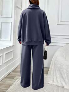 EURMUSE 100% reine Baumwolle dicker Half-Zip Sweatshirt mit Drop-Shoulder und Jogginghose Große Größen Set - Blau - Übersicht 2