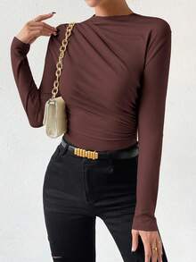 SHEIN VaVaLuxe 纯色休闲长袖修身女式紧身衣 - 咖啡棕 - 查看 5