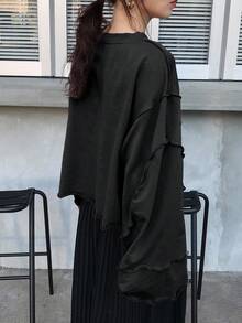 FRIFUL 女款寬鬆短版抓皺飾邊運動衫，灰色，春季校園穿搭 - 黑色 - 查看 2