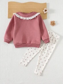 Cozy Pixies 2 件套女婴娃娃领撞色荷叶边刺绣花卉图案长袖上衣和松紧腰裤套装 - 粉色 - 查看 2