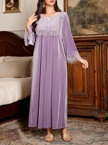 PalaceNights 女士复古宫廷风荷叶边半开襟宽袖丝绒长款睡裙，秋冬长袖睡裙紫色蕾丝边睡衣睡袍女士睡衣睡裙，宽松睡裙 - 紫色 - 查看 4