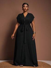 Veslaya Plus Size Women's Summer Versatile Casual All-Match Beach Elegant Ruffle Tie Front Short Sleeve Dress