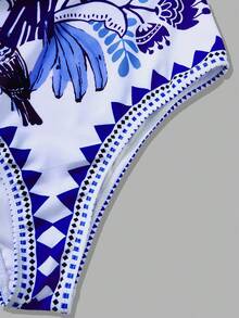 Swim Oasis Women's Tropical Floral & Bird Print Casual One-Piece Swimsuit With Skirt, Halter Neck, Suitable For Vacation And Beach - Blue and White - View 4