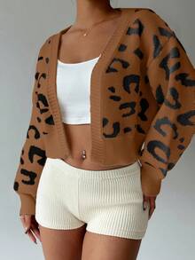 SHEIN MOOSTA Cardigan Longgar Kasual Motif Leopard dengan Bukaan Depan, Musim Gugur/Dingin - MultiWarna - View 3