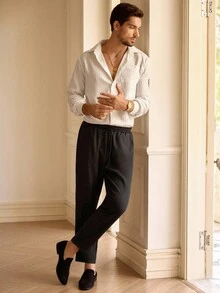 HIMLAND Men Casual Striped Long Sleeve Single-Breasted Pocket Shirt And Pants Set, Suitable For Daily Wear, Fall Clothes - Multicolor - View 2