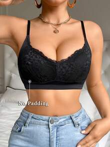 SHEIN 优雅蕾丝拼接文胸，女士内衣，黑色 - 黑色 - 查看 3