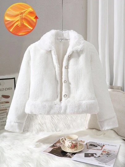 SHEIN Elladie kids Tween 女童白色蓬松领珍珠纽扣舒适时尚长袖夹克，适合秋冬季