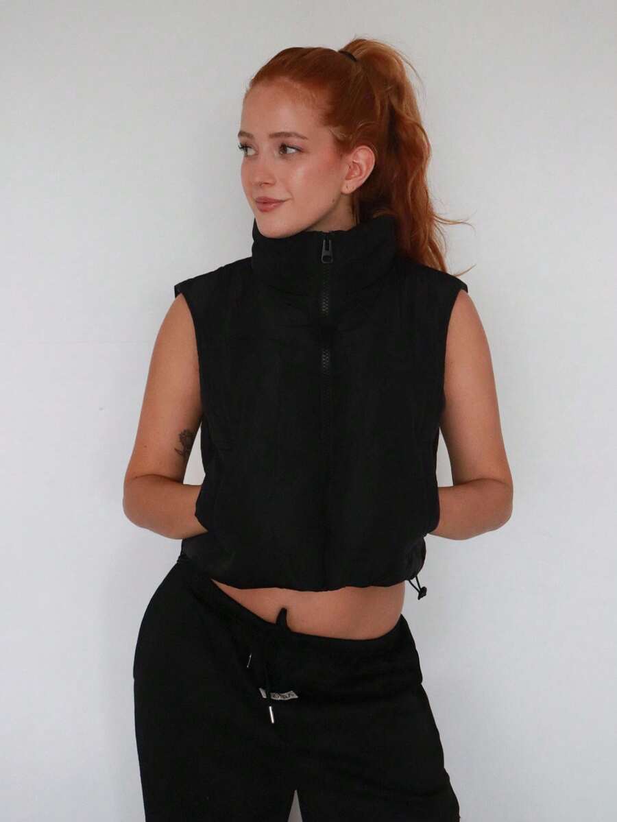SILVIA DI SANTO 女士纯色前拉链休闲短款加垫背心,冬季 - 黑色 - 查看 1