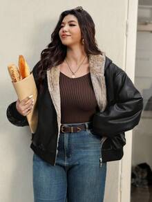 Vionelle Plus Size Long Sleeve Zipper Hooded Faux Fur Lining Casual Solid Color PU Leather Jacket For Winter/Autumn Black Jacket Women Jacket Y2k Oversized Jacket Crop Jacket