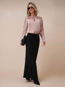 COSMINA Women's Elegant Twist Satin Long Sleeve Hollow Out Collar Blouse, Early Autumn - Pink - View 5